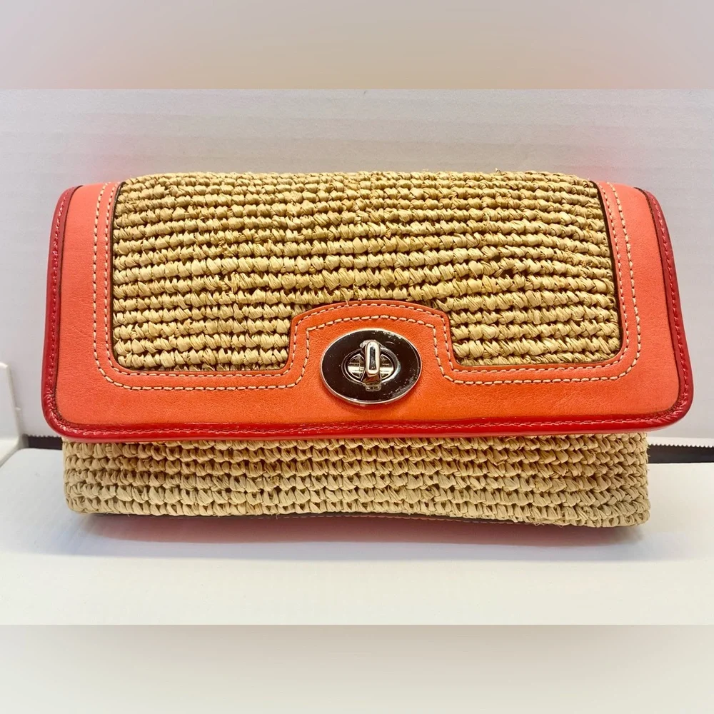 Coach Legacy Resort Summer Collection Raffia/Coral Leather Tote & Clutch